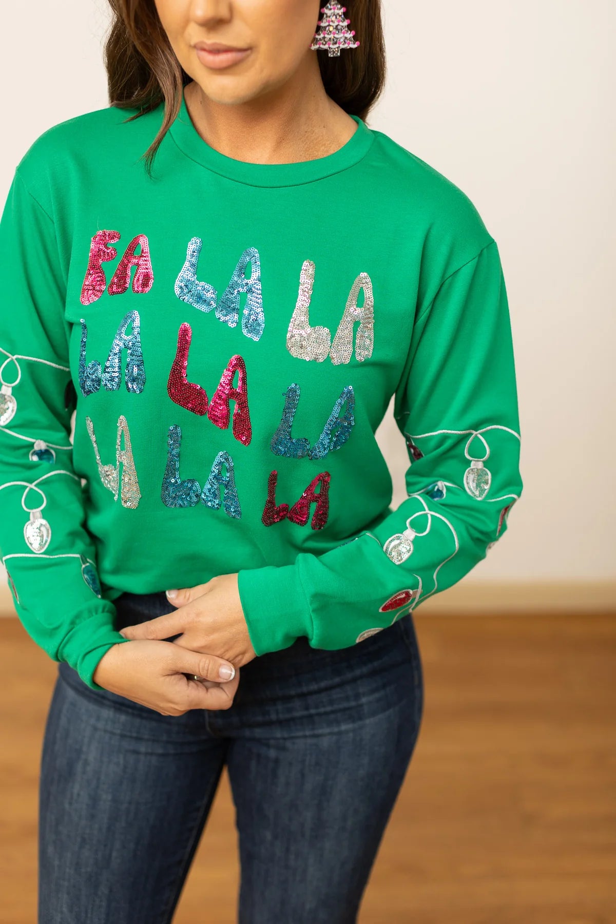 FA LA LA SEQUINS ON GREEN SWEATSHIRT