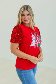 CHRISTMAS TREE ON RED T-SHIRT WITH VELVET SEQUIN SLEEVES