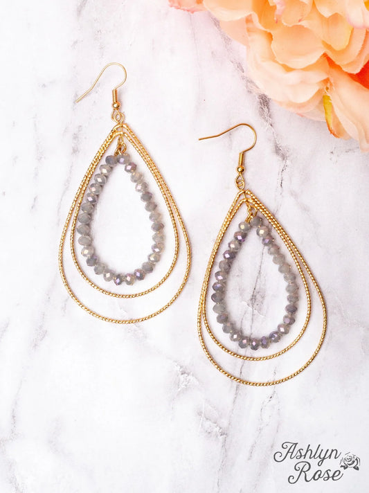You've Got Me Mesmerized Gold Teardrop Grey Crystal Beaded Hoops
