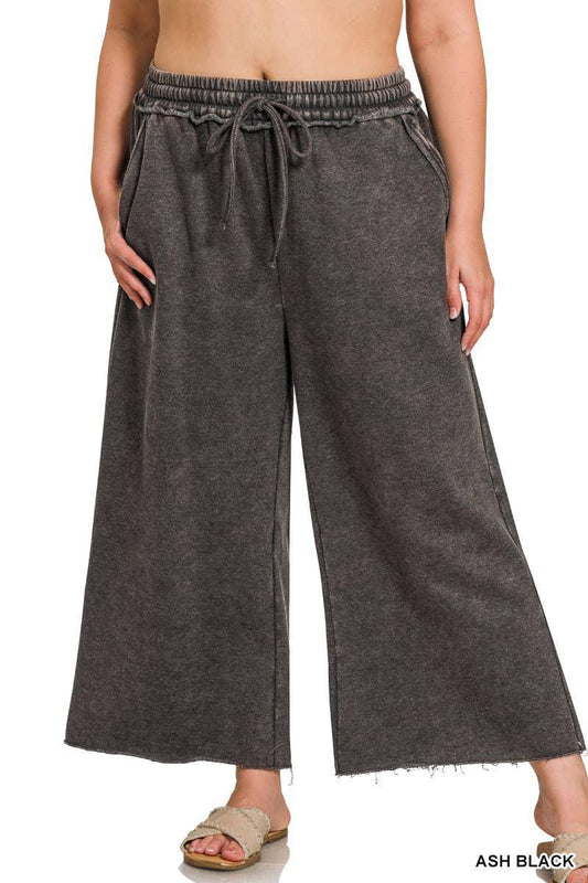 ZENANA Black, Plus Acid Wash Fleece Palazzo Sweatpants With Pockets