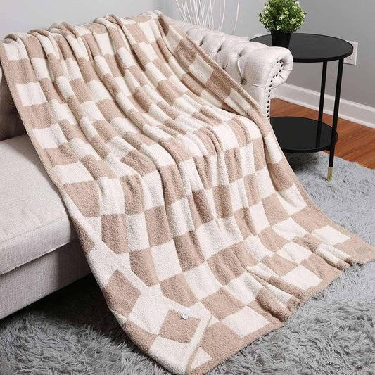Reversible Checkerboard Patterned Throw Blanket - GREY, PINK OR BEIGE
