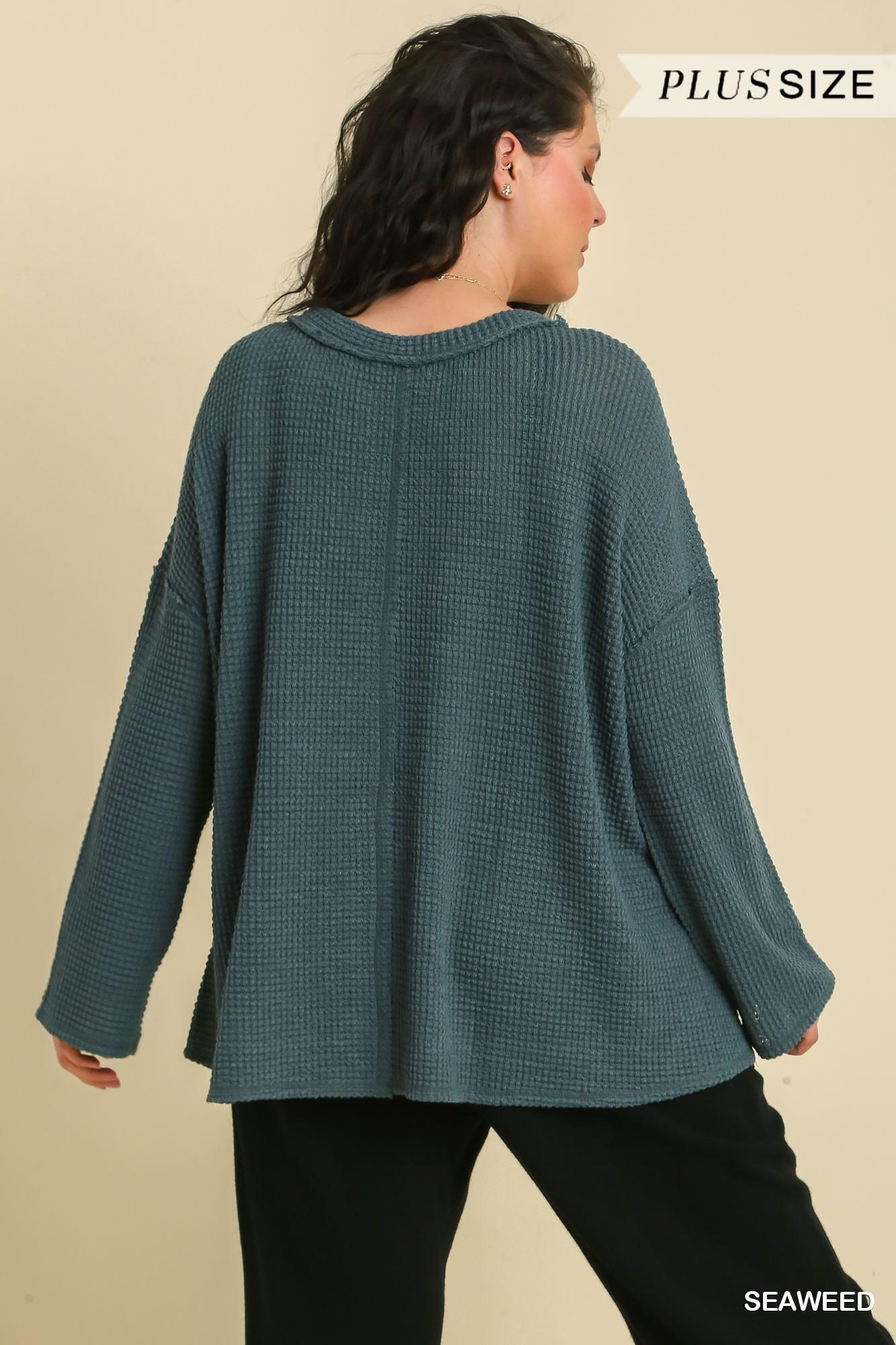 Umgee Waffle Knit Reverse Seam Top with Bell Sleeves