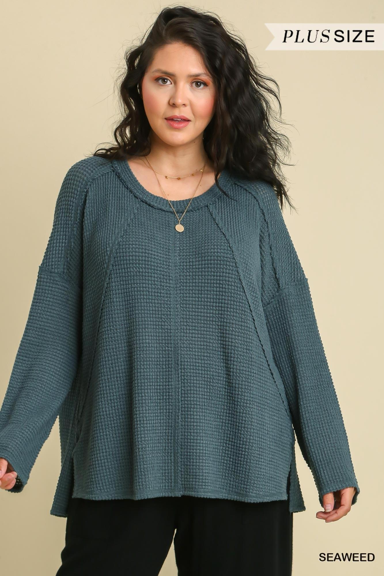 Umgee Waffle Knit Reverse Seam Top with Bell Sleeves