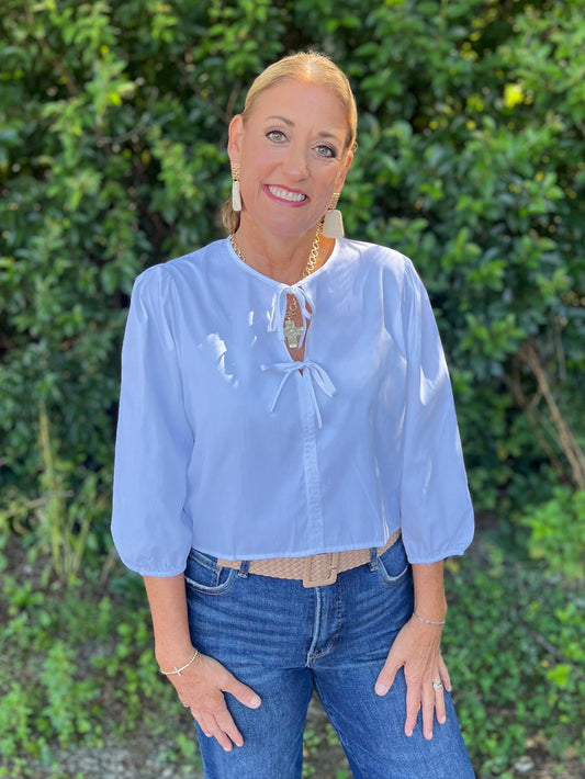 Poplin Tie Front Ballon Sleeve Blouse