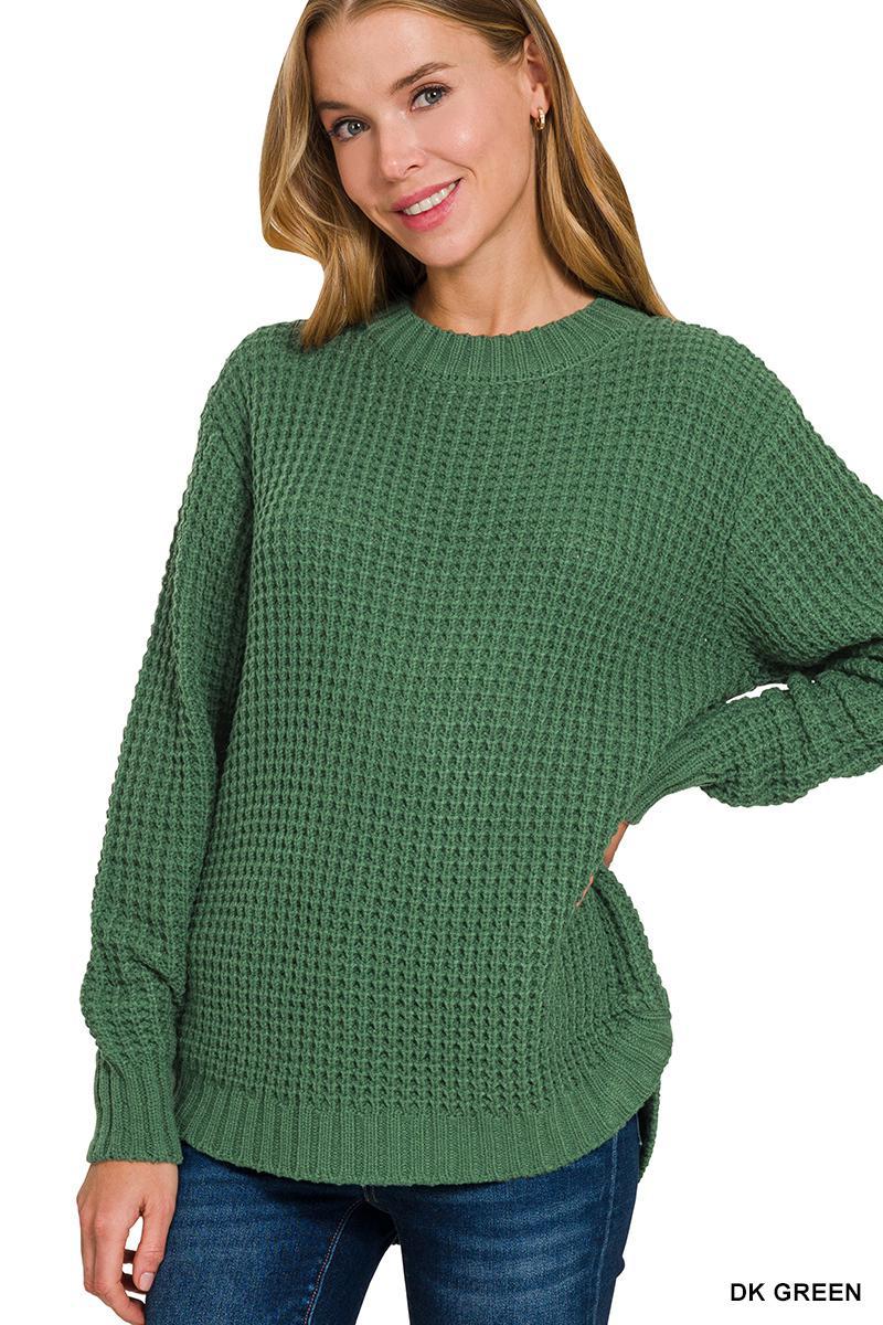 ZENANA TW-2416Y Hi-low long sleeve round neck waffle sweater