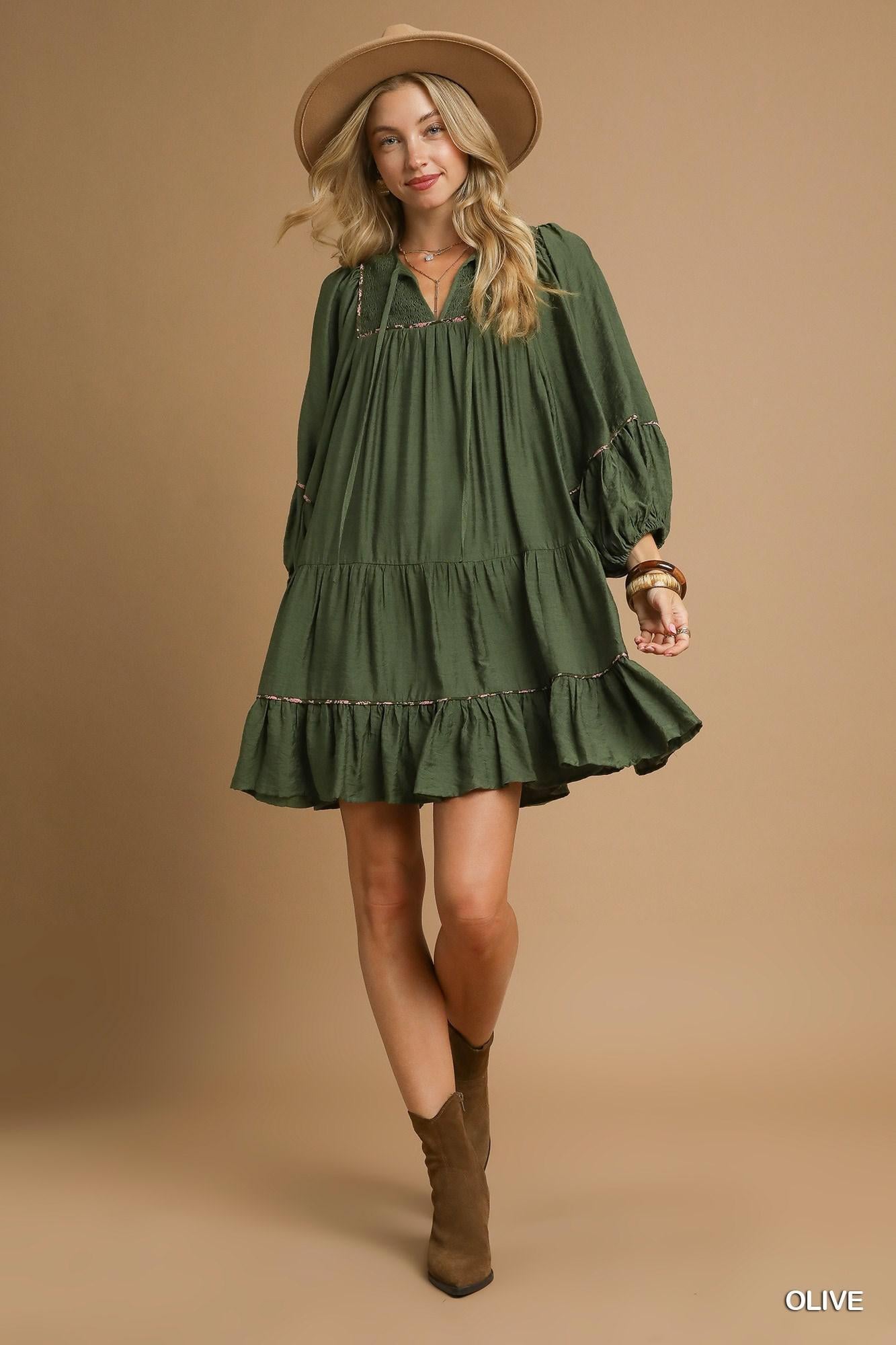 Umgee Tiered Long Sleeve Mini Dress - Olive