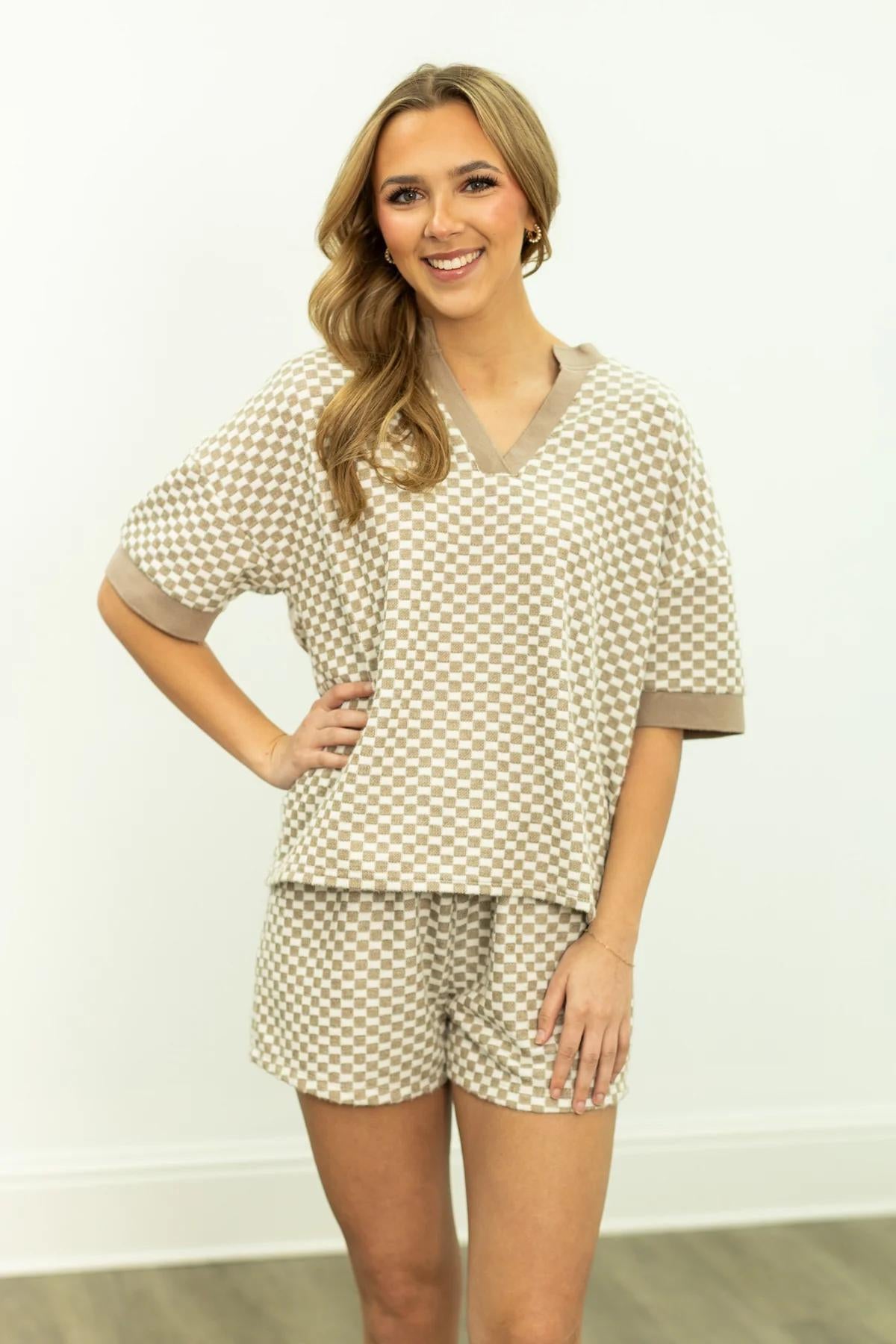 G&E Checkerboard Knit Top, Beige
