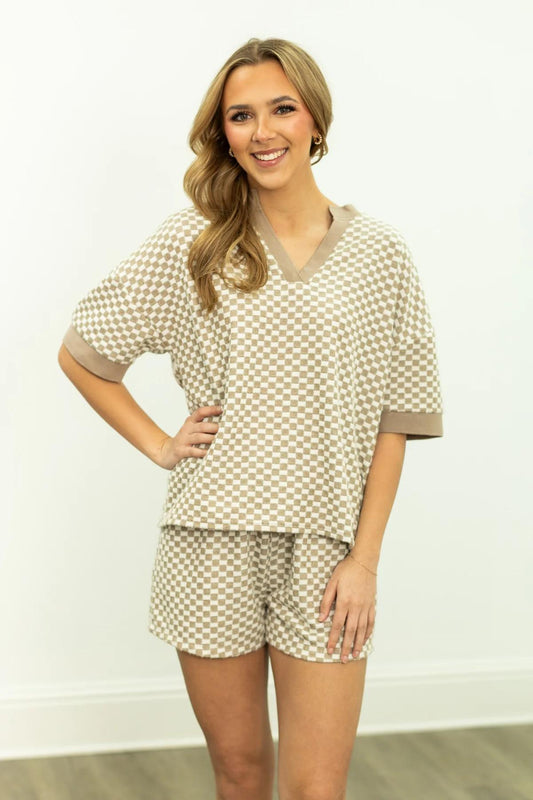 G&E Checkerboard Knit Top, Beige