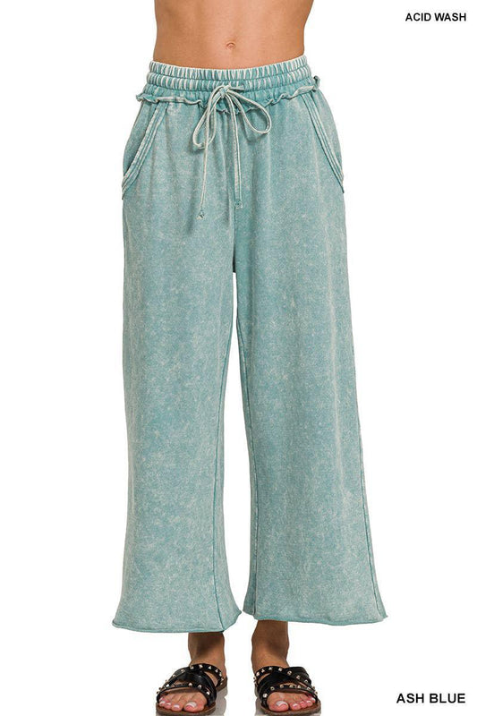 Zenana Ash Blue French Terry Palazzo With Pockets