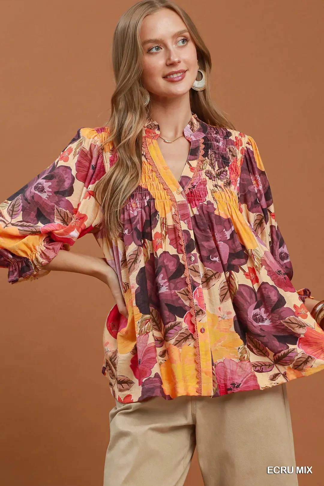 Umgee  Mix Floral Print Button Front Blouse