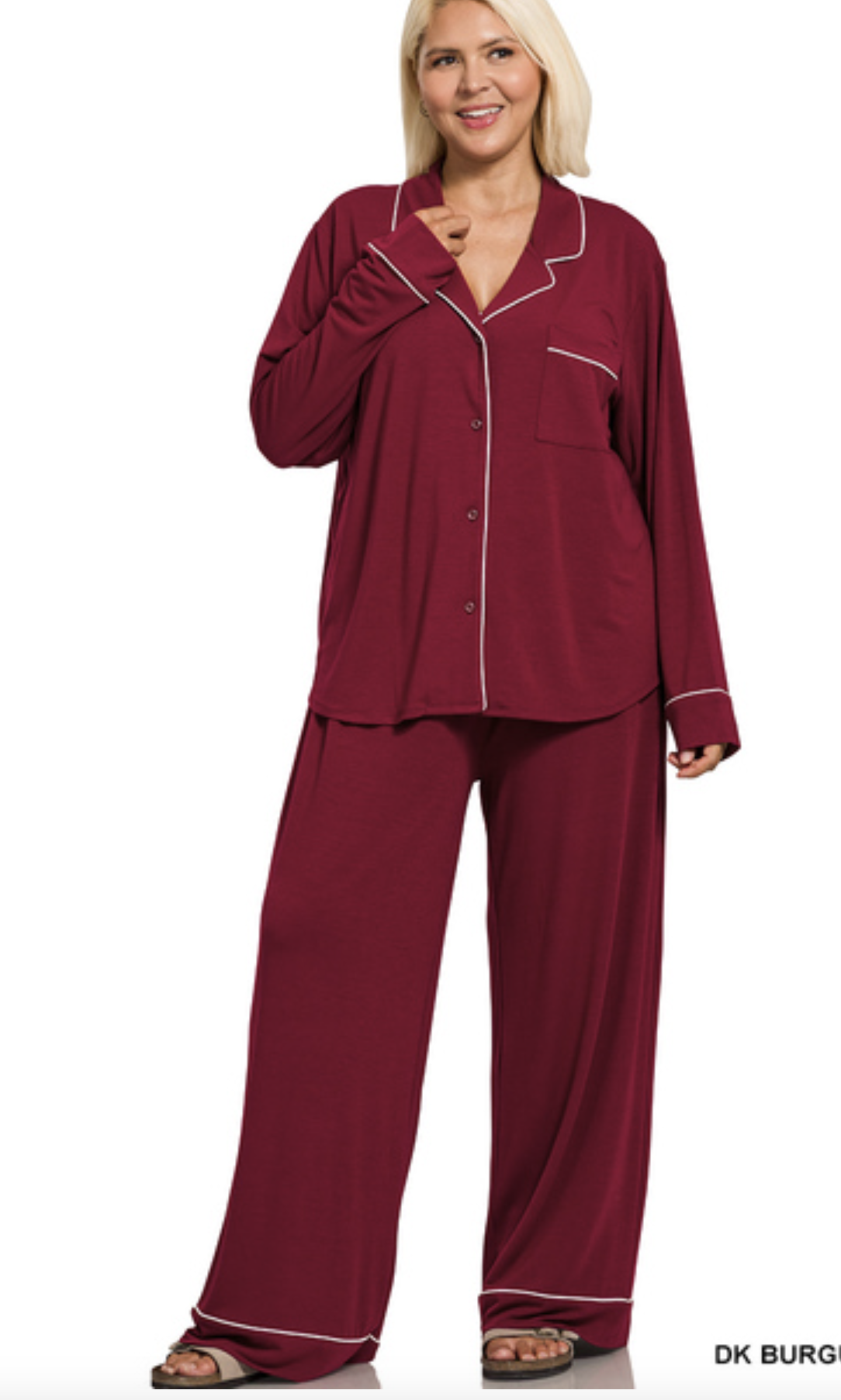 ZENANA PLUS BUTTON-DOWN LONG SLEEVE SHIRT & PANTS PJ SET
