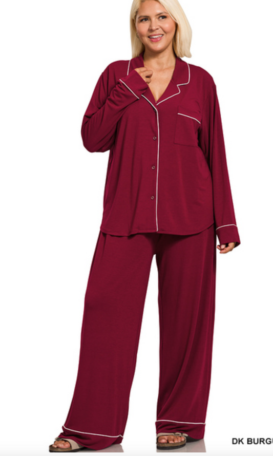 ZENANA PLUS BUTTON-DOWN LONG SLEEVE SHIRT & PANTS PJ SET