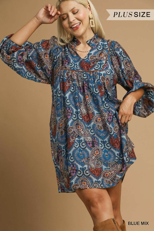 Umgee Boho Mix Paisley Babydoll Dress - Curvy