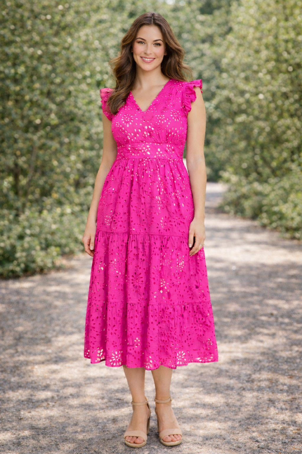 Flutter Sleeve Eyelet Midi Dress