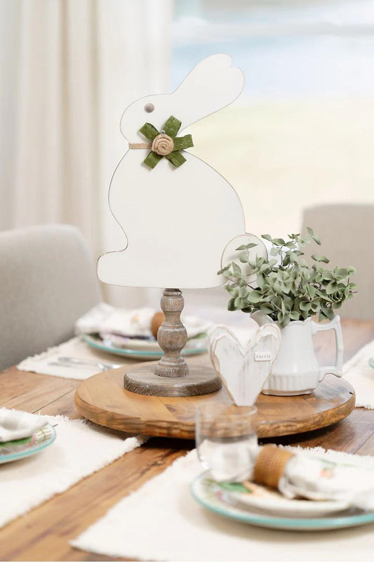 White Bunny Topper Green Bow - Easter Decor