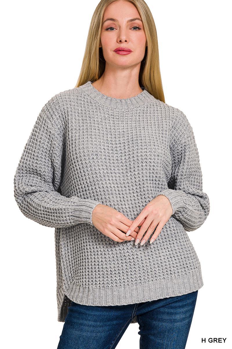 ZENANA TW-2416Y  Heather Gray H/L Round Neck Waffle Sweater