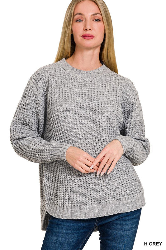 ZENANA TW-2416Y  Heather Gray H/L Round Neck Waffle Sweater