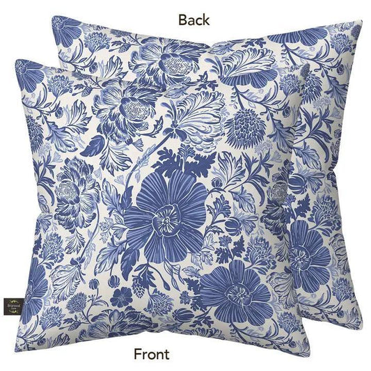 Blue and White Floral Burlap Indoor/Outdoor Pillow