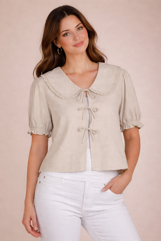 Linen Tie Front Lace Trim Blouse