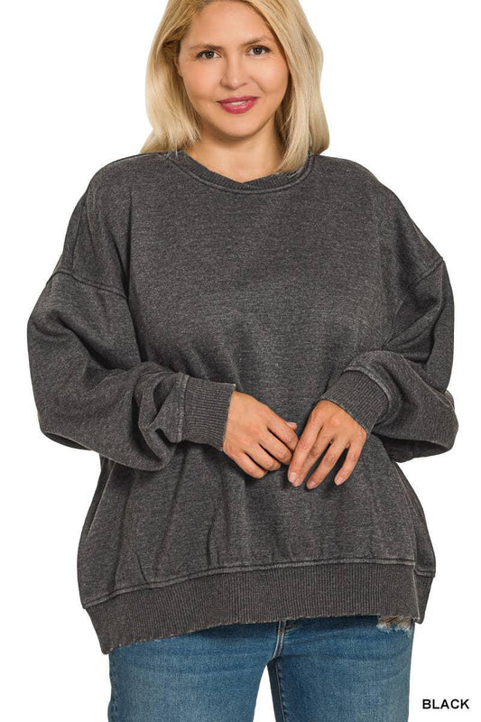 ZENANA Plus Acid Wash Oversized Fleece Pullover