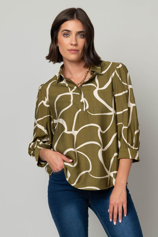 Linque Button Front Elbow Puff Sleeve Blouse
