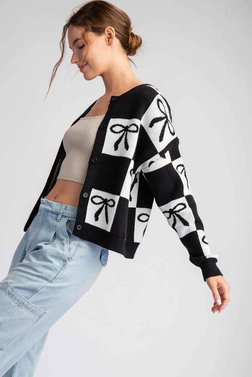 EE:SOME Bow Checker Printed Sweater Cardigan