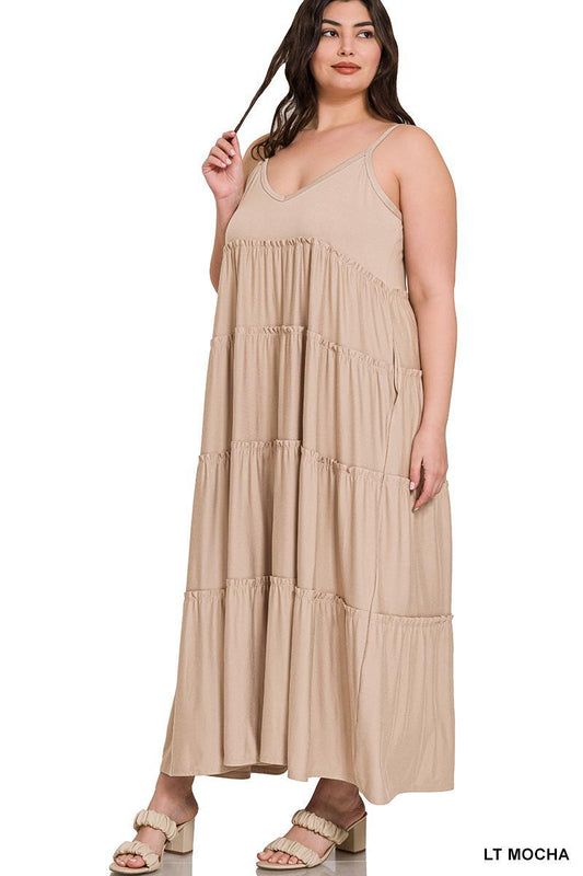 Plus v-neck cami maxi tiered dress w/ side pockets