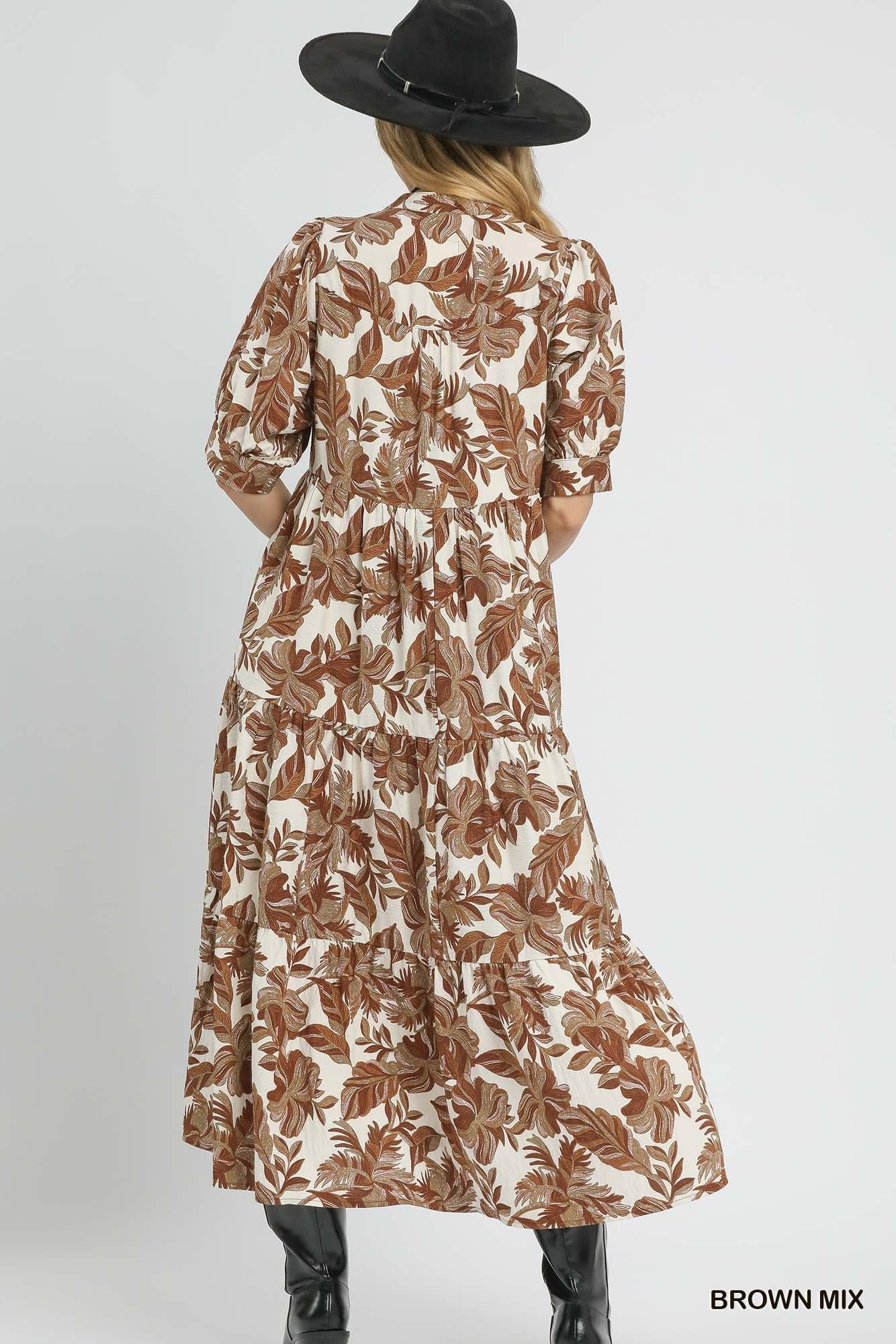 UMGEE Boho Print Tiered Midi Dress - Brown Mix