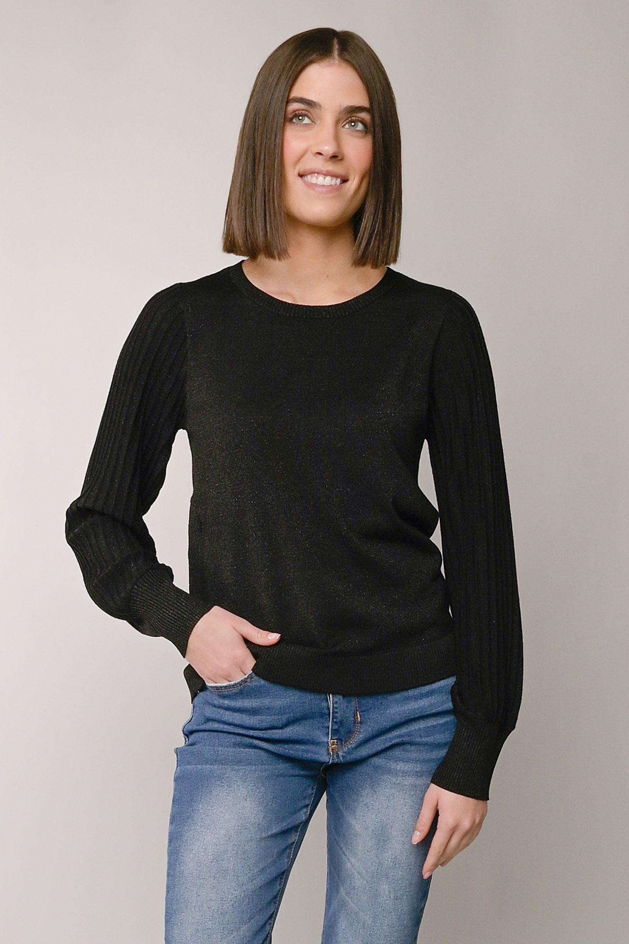 PLEATED SLEEVE LUREX CREW NECK SWEATER.