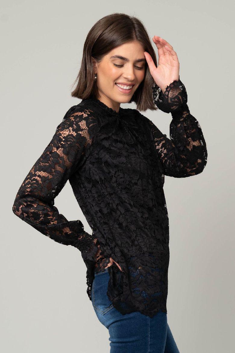 Lace Lined Peasant Top -Black