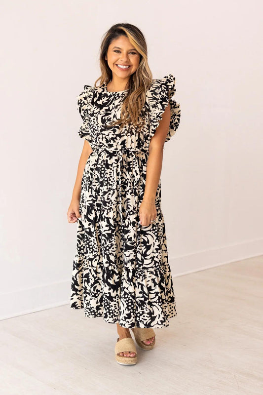 G&E 7933B Beige & Black Abstract Dress