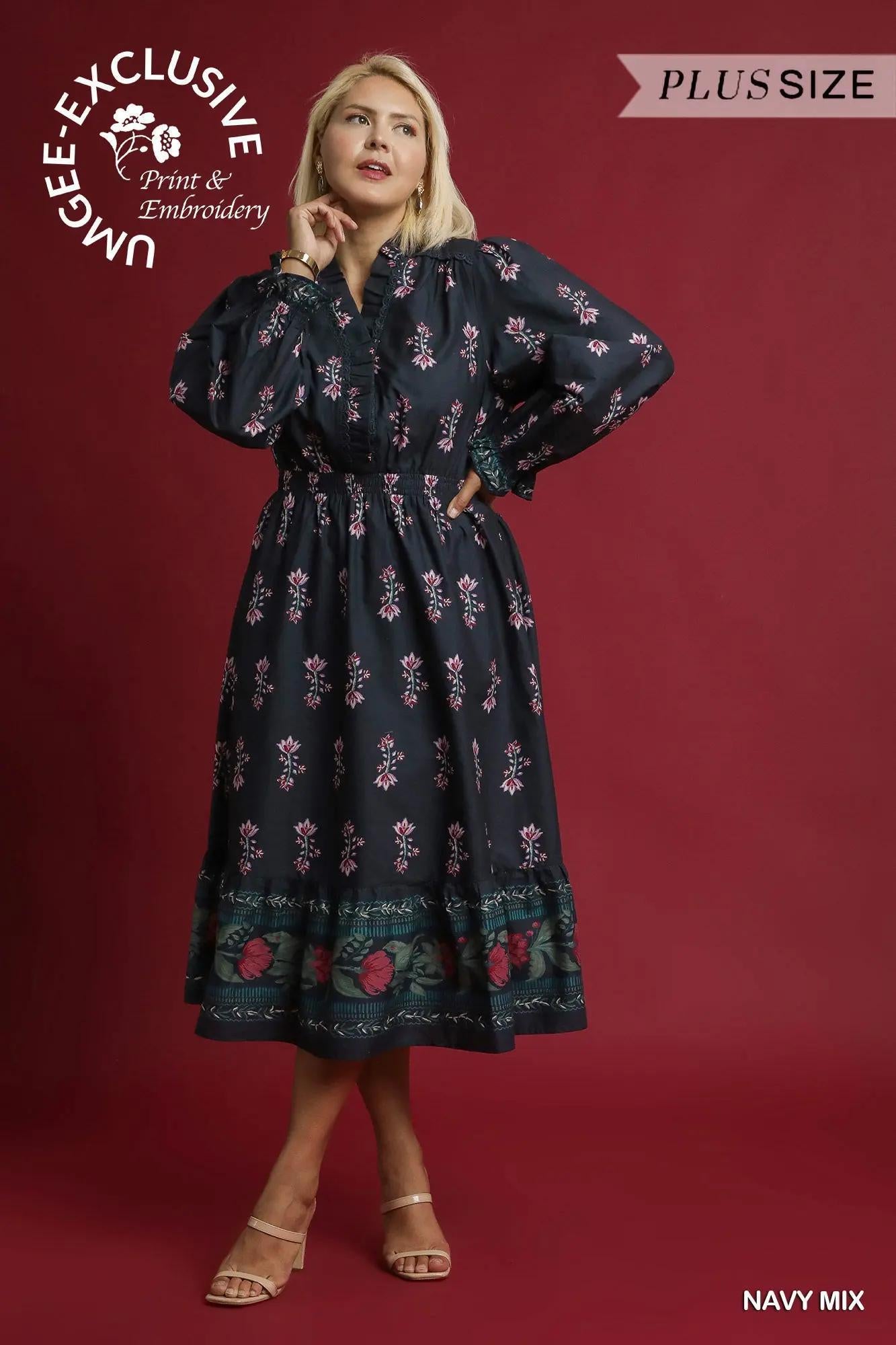 UMGEE  PLUS Size Dress Navy Mix Flora Maxi Dress