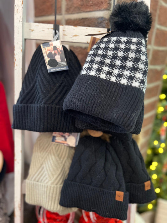 Womens Black & White Gingham Pom Pom Beanie