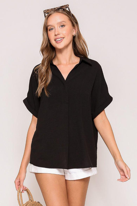 Roll Cuff Air Flow Johnny Collar Top