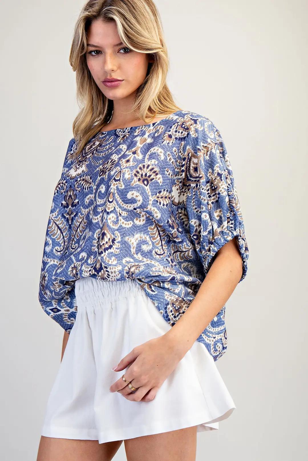 EE:SOME Ornate Printed Dolman Sleeve Blouse
