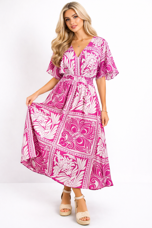 Patchwork Botanical Print V-Neck Elbow Sleeve Midi Dress