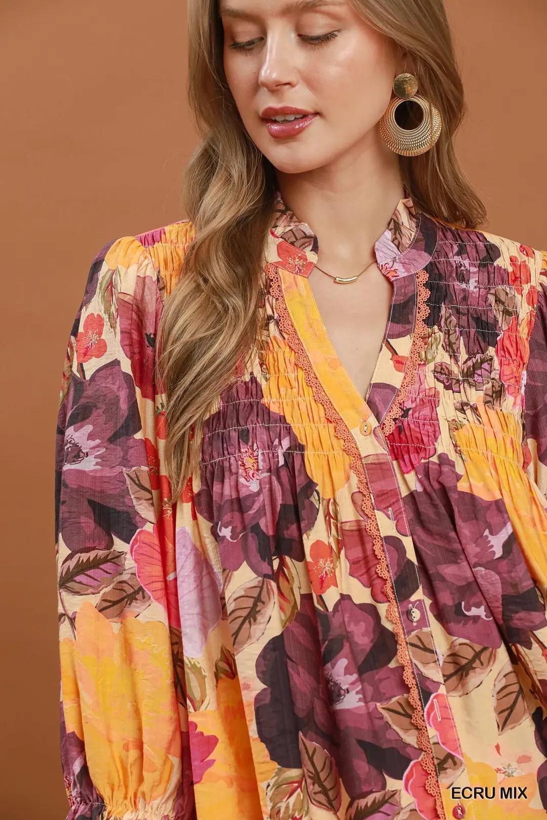 Umgee  Mix Floral Print Button Front Blouse