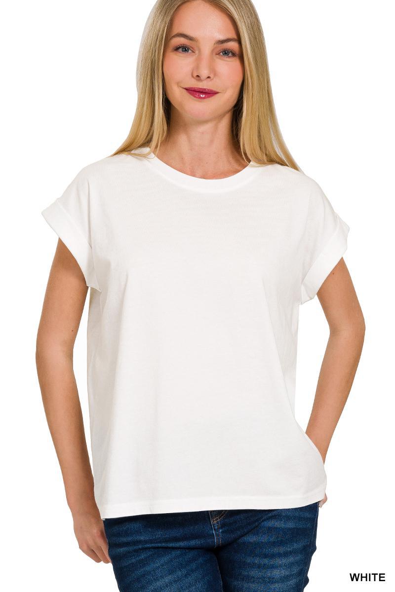ZENANA CT-3381Y Round Neck Folded Short Sleeve