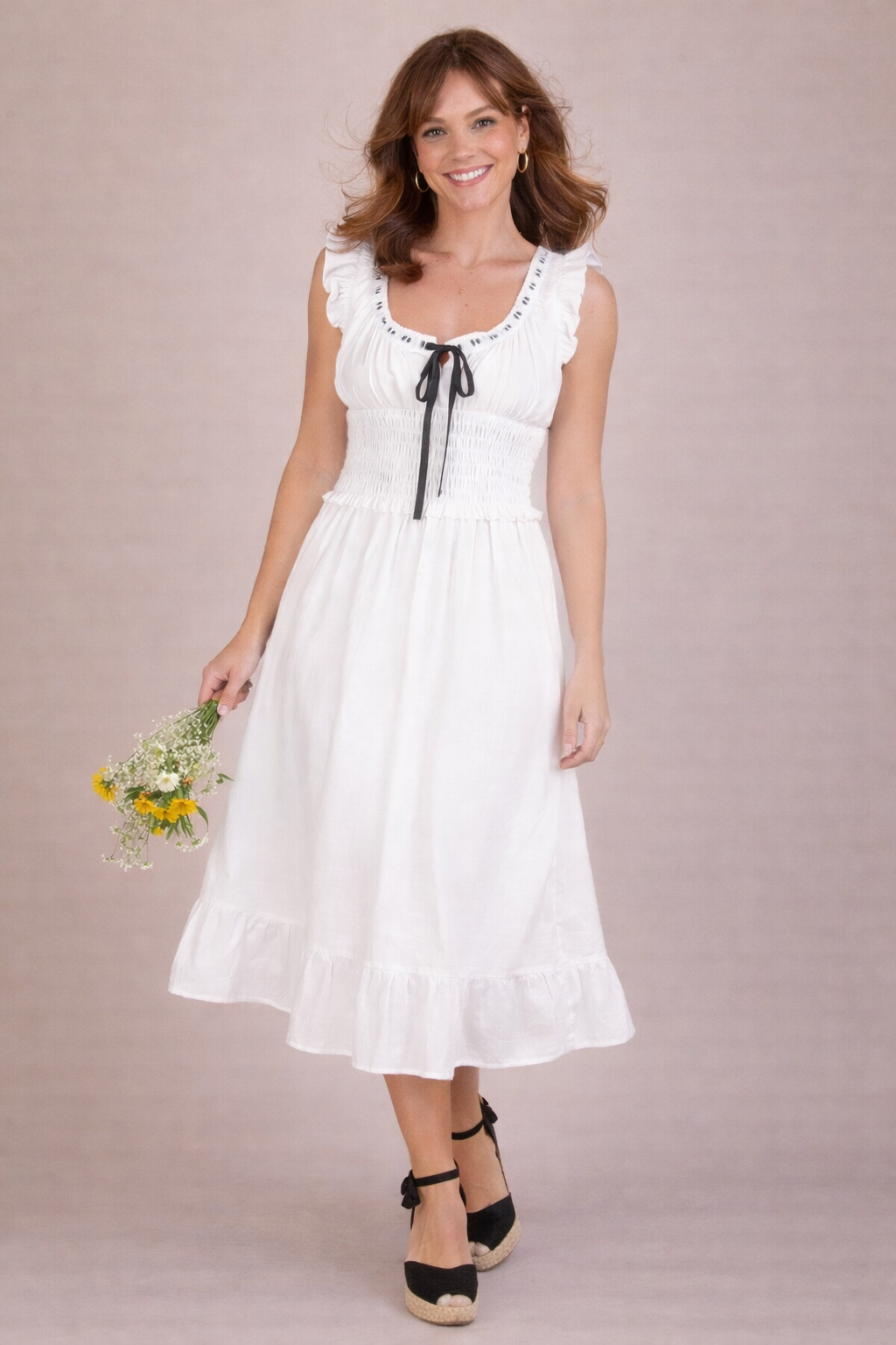 Tie Front Smocked Midi Dress