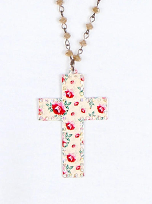 BEIGE FLORAL CROSS NECKLACE WITH AB CRYSTALS