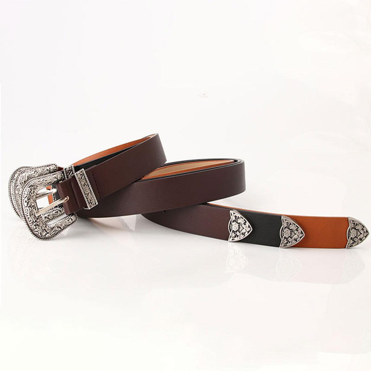 Classic Vintage Buckle Belt with Embossed - Coffee