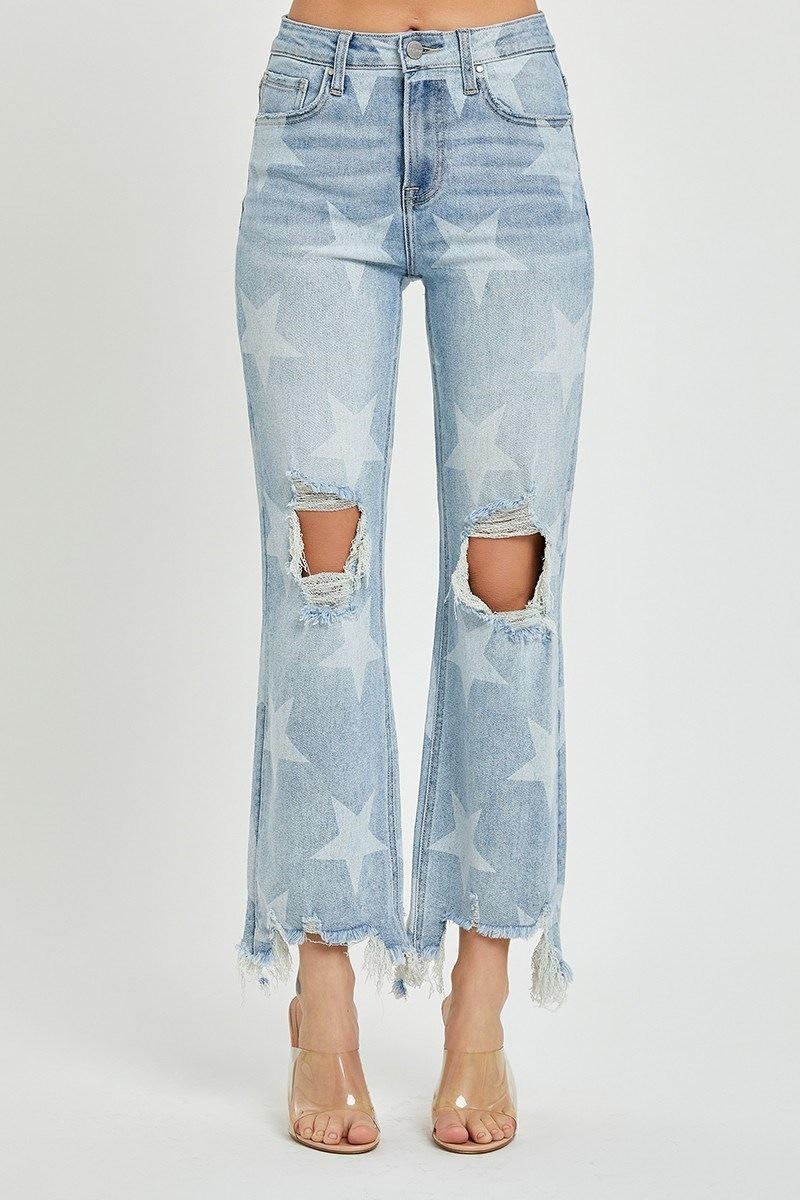 RISEN RDP5485 HIGH RISE STAR PRINTED STRAIGHT CROP JEANS