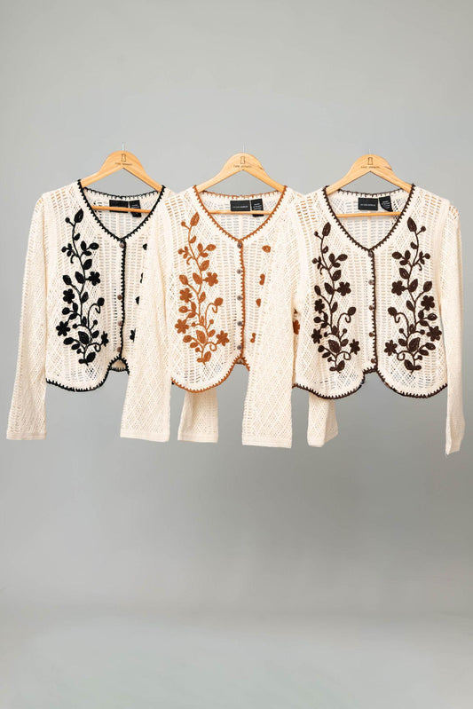 Embroidered Crochet Button Front Cardigan Color: Ginger (middle picture)