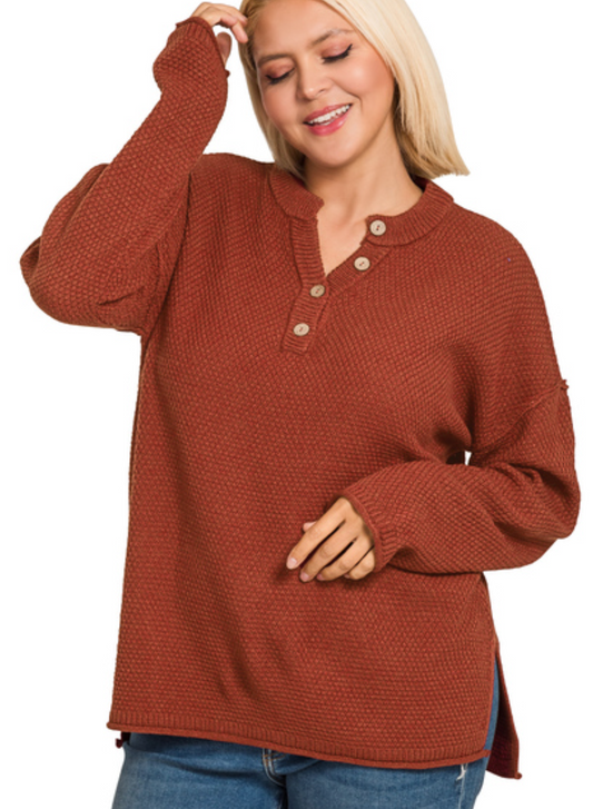 ZENANA PLUS 4 BUTTONS HENLEY NECKLINE BASIC SWEATER