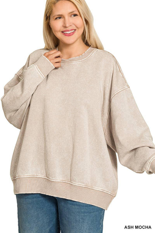 Zenana Plus Acid Wash Oversized Fleece Pullover