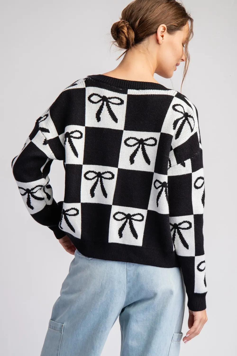 EE:SOME Bow Checker Printed Sweater Cardigan