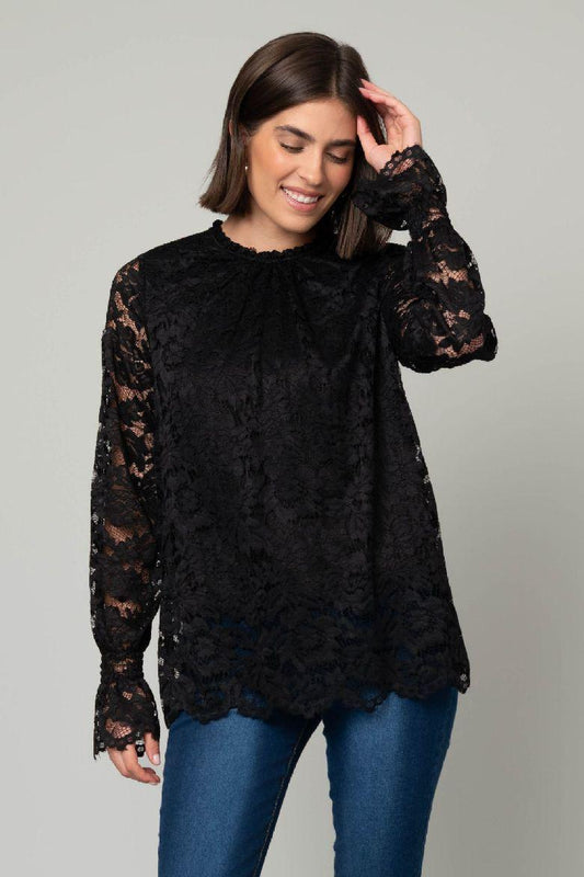 Lace Lined Peasant Top -Black