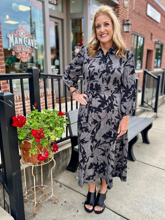 Black & Gray Floral Puff Sleeve Maxi Dress