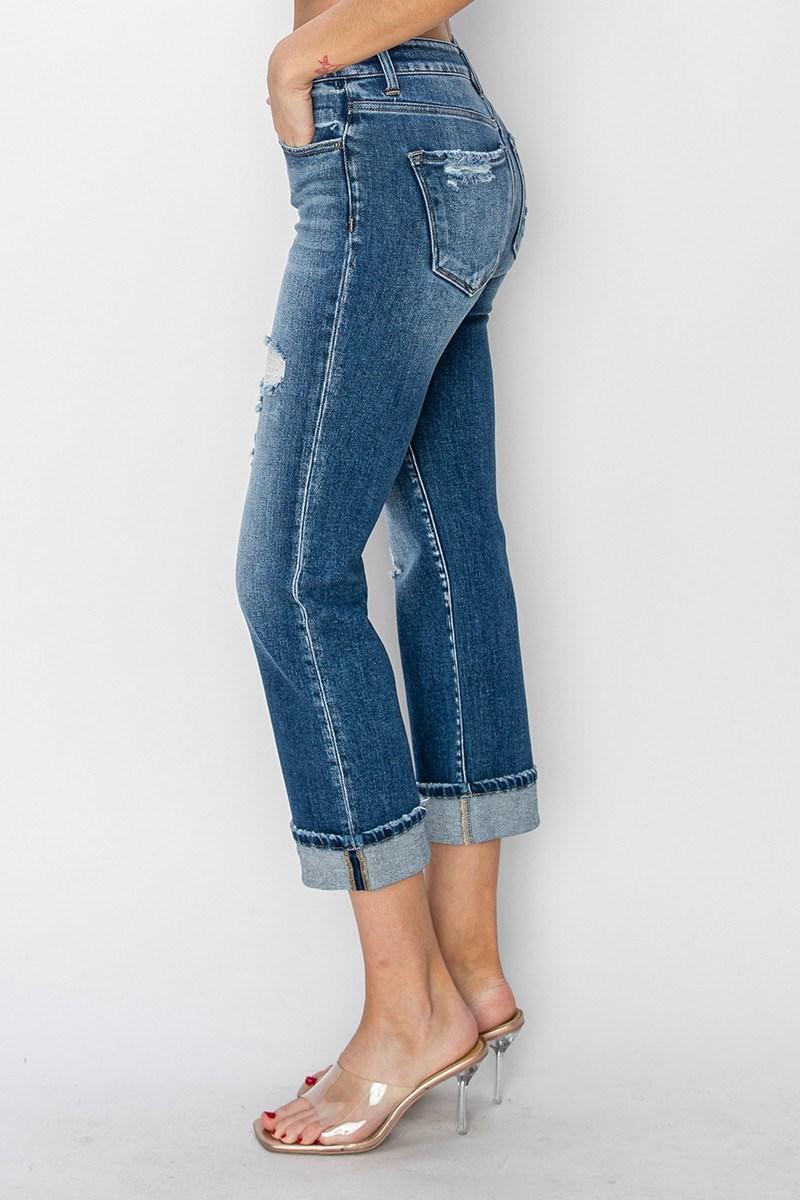 Risen RDP5782 Mid Rise Distressed with Cuffed Ankle Straight Jeans