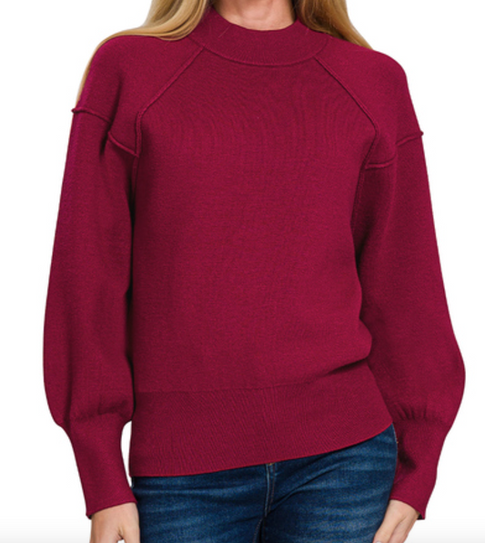 ZENANA Viscose mock neck exposed seam sweater